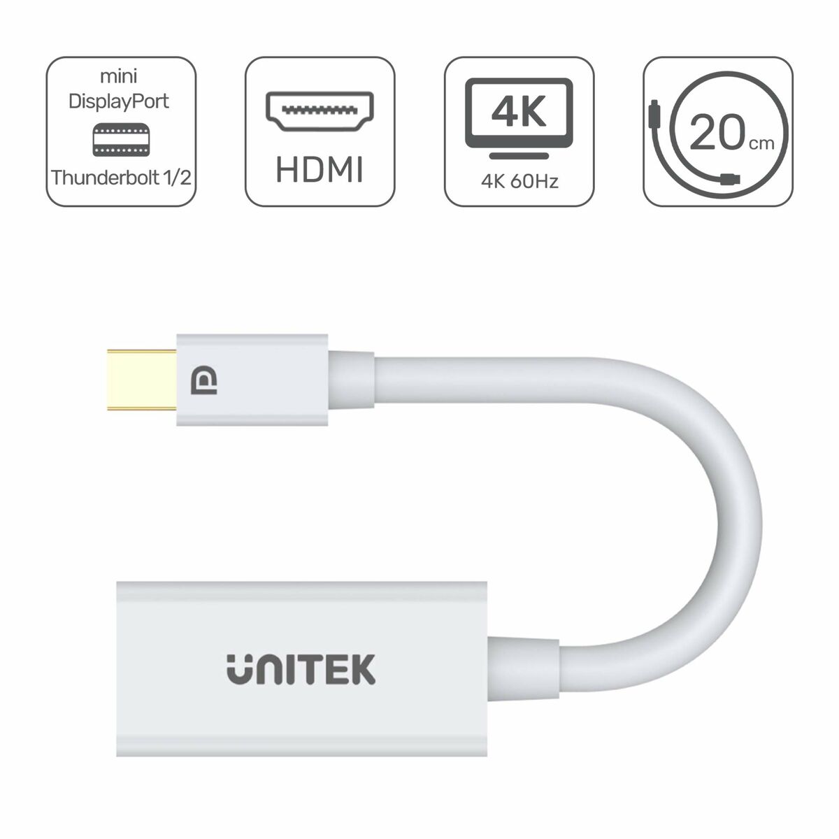 Adapter Mini DisplayPort naar HDMI Unitek Y-6331 Wit 20 cm